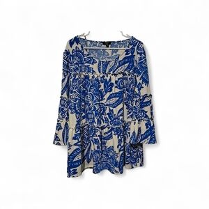 Cocomo Blue and White Floral Tiered Ruffle Accented Tunic Babydoll Stretch Flowy